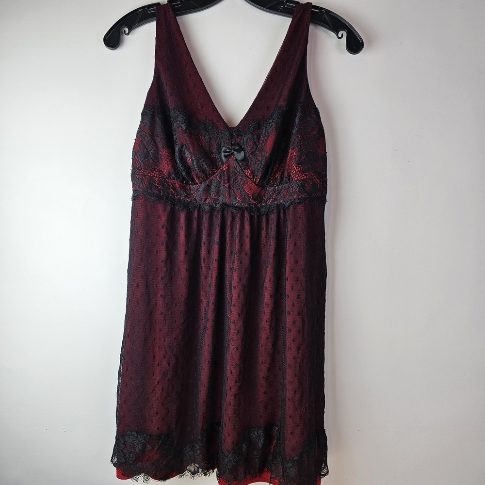 Soma Chemise Nightgown Womens Medium Red Black Lace Adjustable Straps‎ Babydoll